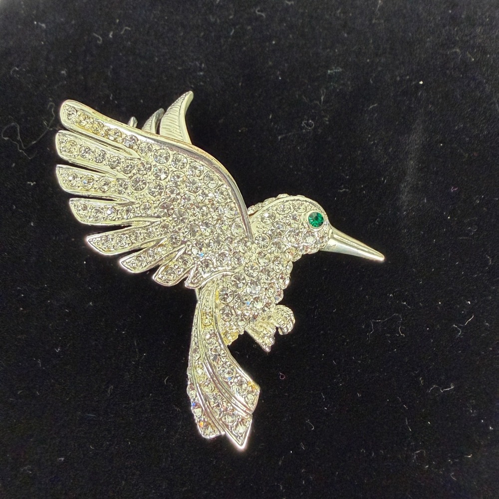 Silver Tone Rhinestone Hummingbird Brooch Pin Green Eye Crystal Bird Accessory